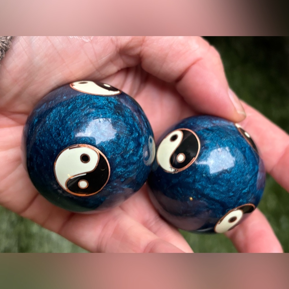 VINTAGE Cloisonné Yin-Yang Baoding Balls • Deep Blue Enamel • Meditation Chime